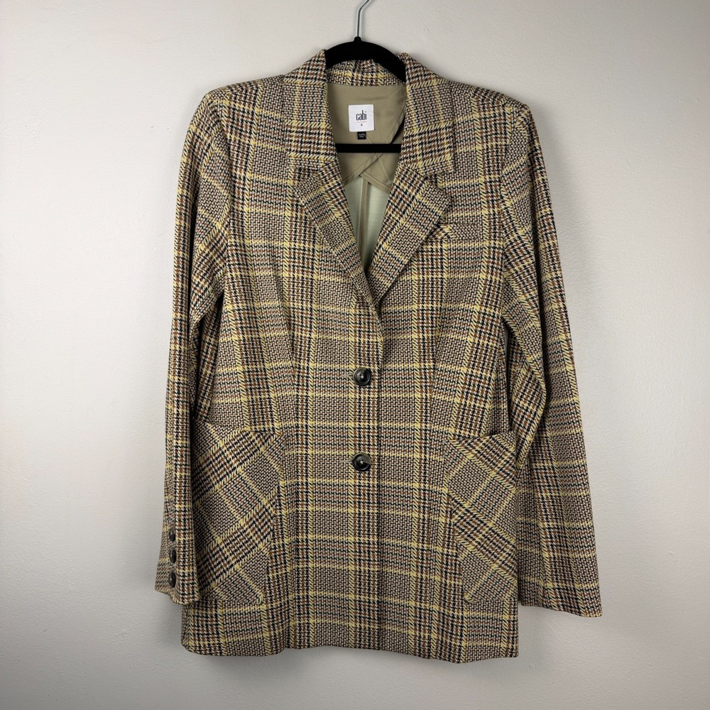 Cabi Blazer Jacket Women's 6 Yellow Brown Plaid Notch Lapel Career Dressy Fancy